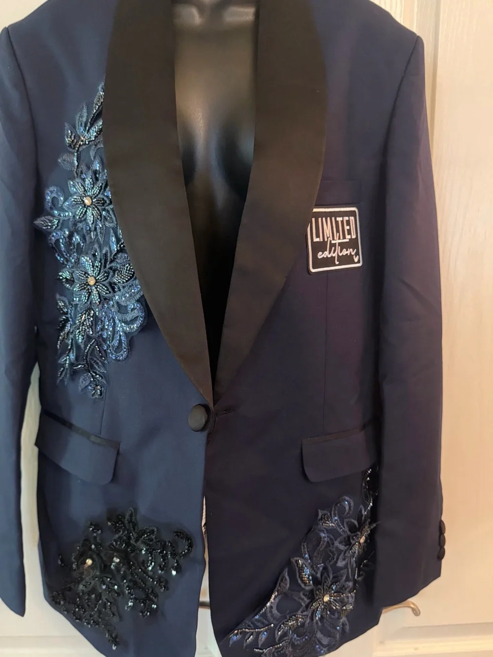 Upcycled unisex Navy Satin-Lapel Embroidered Blazer size 42 r or size M